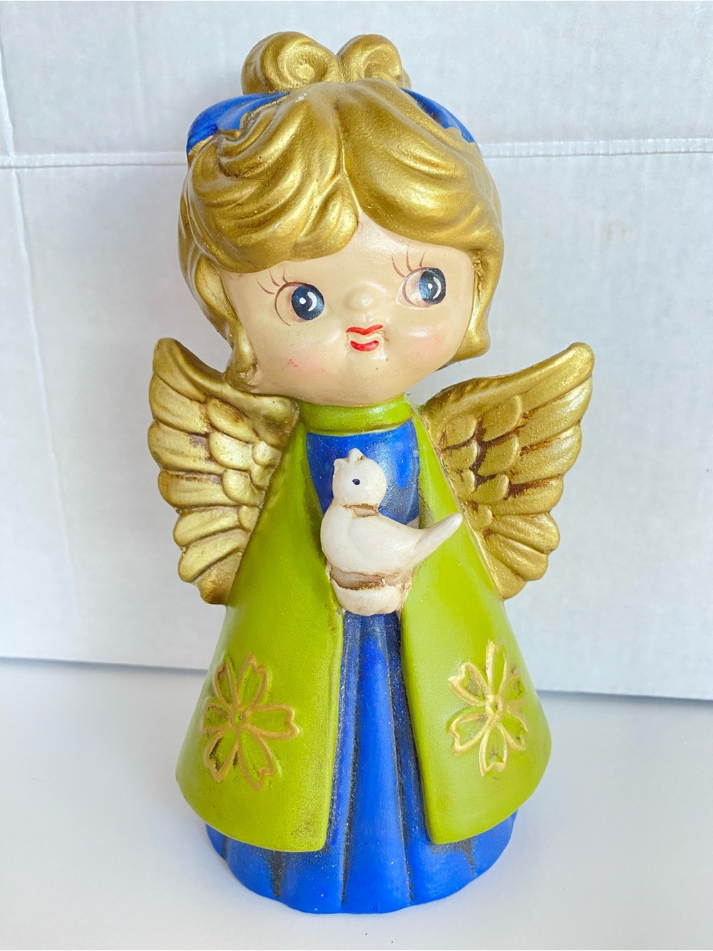 Holt Howard Christmas Angel Girl Green Dress and Bird Vintage Figurine